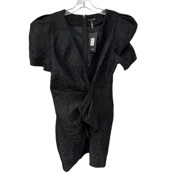 NEW Fashion Nova Here to Stay Dress Black Puffy Sleeve Front Knot Size Large - Picture 2 of 7